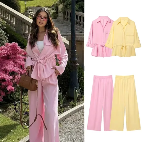 Damen Casual Outfits 100% Polyester Umlegekragen Tunnelzug Hemd Und Hohe Taille Weite Hose Rosa Gelb Bekleidung