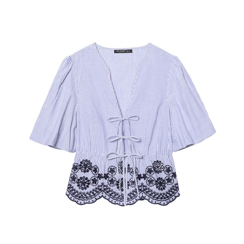 Lässiges Gestreiftes Besticktes V-Ausschnitt Oberteil Und Weite Hose Set Für Damen Elegantes Sommer Urlaub Strand Outfit