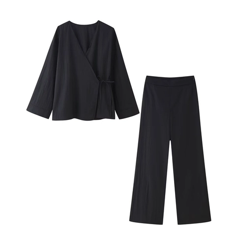 Conjunto de Dos Piezas de Satén Arrugado para Mujer Top Cruzado Con Cuello en V Lazo Lateral Y Pantalón de Pata Ancha