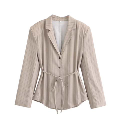 Damen Elegant Streifen Blazer Shorts Anzug Polyester Langarm Taillenband Blazer Und High Waist Shorts Büro Outfit