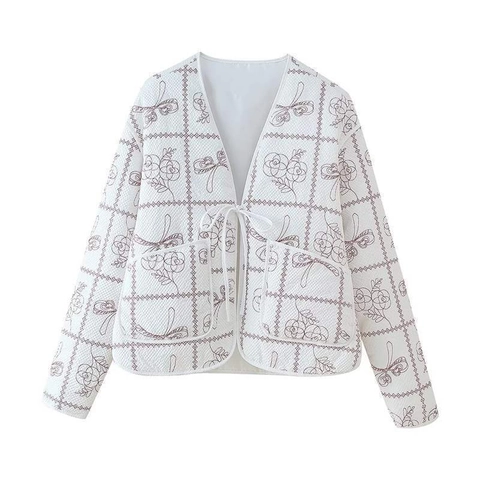 Veste Matelassée Vintage pour Femme Imprimé Fleuri Nœud à Lacets Col en V Vêtement d'Extérieur Rembourré Mode Printemps Casual