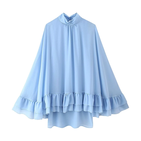Women Mock Neck Sleeveless Chiffon Mini Dress Tiered Ruffle Hem Cape Style Elegant Solid Color Sky Blue Flowy Party Dress
