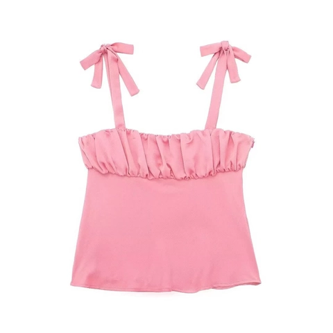 Top de Tirantes Rosa para Mujer con Lazos Busto con Volantes Efecto Satinado Sin Mangas Street Chic Camiseta Casual