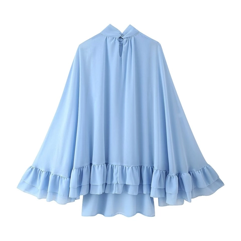 Women Mock Neck Sleeveless Chiffon Mini Dress Tiered Ruffle Hem Cape Style Elegant Solid Color Sky Blue Flowy Party Dress
