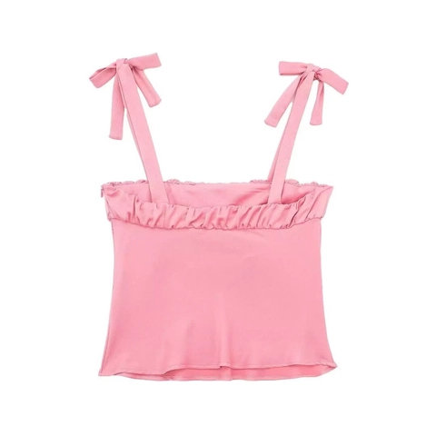 Top de Tirantes Rosa para Mujer con Lazos Busto con Volantes Efecto Satinado Sin Mangas Street Chic Camiseta Casual