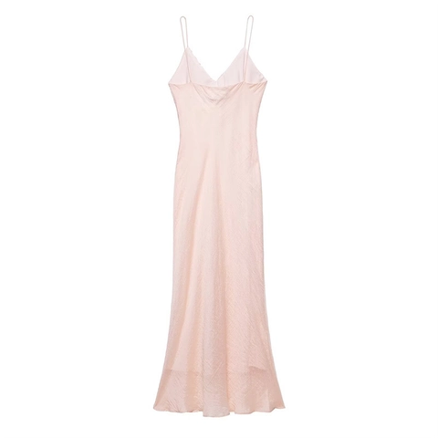 Elegante Roze Satijnen Ruffle V-hals Cami Midi Jurk Voor Vrouwen Mouwloos Trekkoord Strappy Flowy Avondfeest Vakantie Jurk