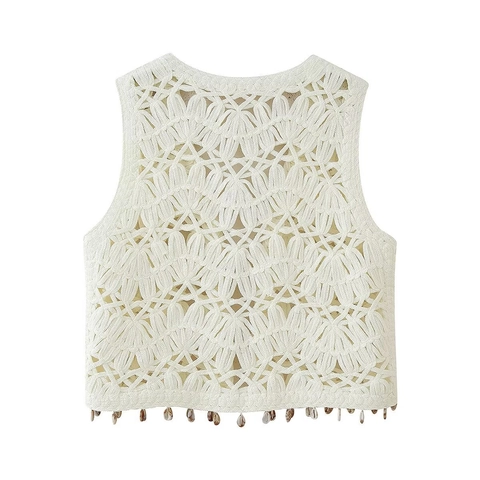 Gilet da Donna Bohemian in Maglia Traforata Con Frange di Conchiglie Naturali Cardigan Senza Maniche Estivo da Spiaggia Bianco