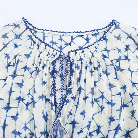 Damen Boheme Blumenprint Bluse Laternenärmel Rundhals Bindeband Quasten Lurex Goldgestreift Lässiges Lockeres Top Shirt