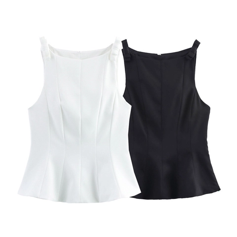 Women Elegant Sleeveless Peplum Top Square Neck Bow Shoulder Solid Color Polyester Blouse Casual Party Shirt