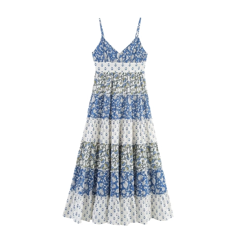 Damen Bohemian Blumen Gestuft Maxi Kleid Spaghettiträger V Ausschnitt Rückenfrei Schleife Sommer Strand Urlaub Patchwork Kleid