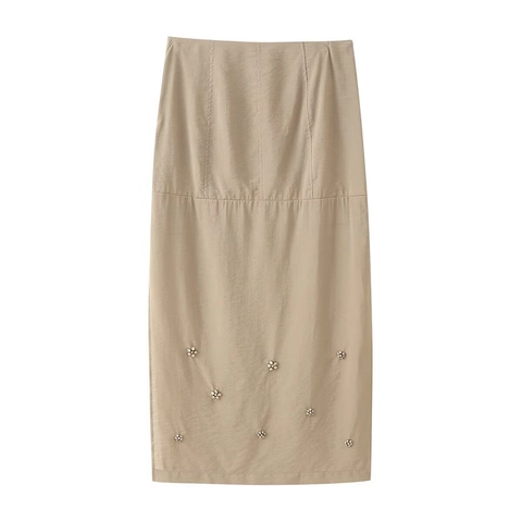 Eleganter Khaki Hoch taillierter Midirock für Damen mit 3D Künstliche Perlenblumen Stickerei Seitenschlitz Lässiger Rock