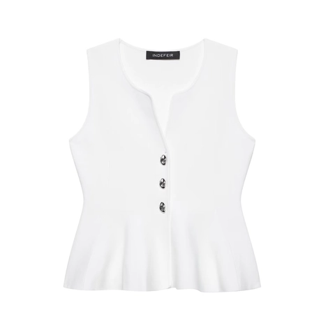 Damen Einfarbig Weiß V-Ausschnitt Ärmellos Strick Weste Top Unregelmäßige Knöpfe Schößchen Rüschen Elegant Streetwear Top