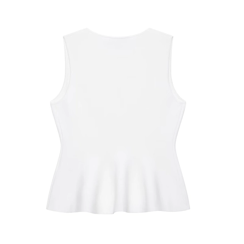 Damen Einfarbig Weiß V-Ausschnitt Ärmellos Strick Weste Top Unregelmäßige Knöpfe Schößchen Rüschen Elegant Streetwear Top