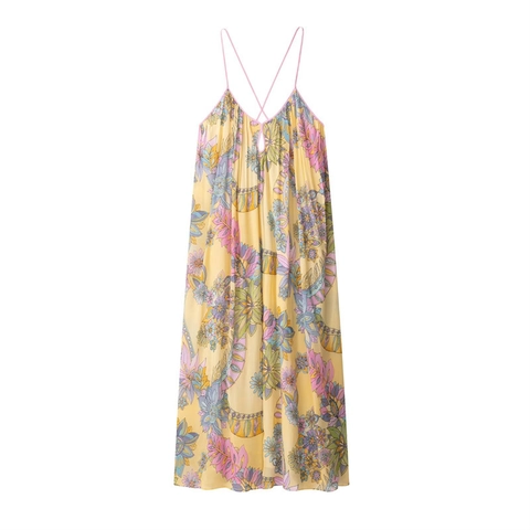 Damen Bohemian Blumenmuster Maxi Kleid V-Ausschnitt Rückenfrei Netz Spaghettiträger A-Linie Sommer Urlaub Strand Langes Kleid