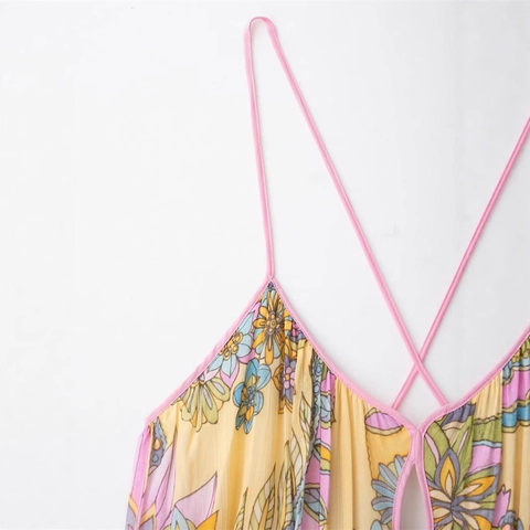 Damen Bohemian Blumenmuster Maxi Kleid V-Ausschnitt Rückenfrei Netz Spaghettiträger A-Linie Sommer Urlaub Strand Langes Kleid
