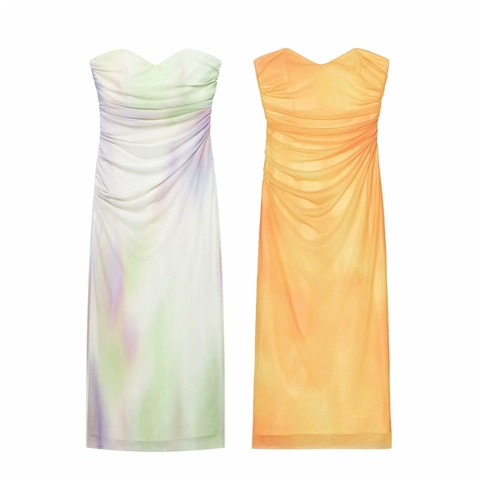 Women Strapless Gradient Print Ruched Midi Dress Sexy Mesh Bodycon Slim Fit Tube Top Dress For Party Vacation Clubwear