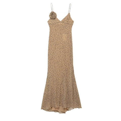 Women Elegant Polka Dot Strappy Maxi Dress V Neck Fish Tail Backless Slip Dress With 3D Flower Party Evening Vacation Dress