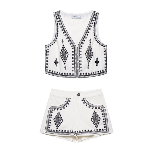Conjunto Casual para Mujer Bohemio con Bordado Chaleco Sin Mangas Cuello en V y Pantalones Cortos de Cintura Alta Ropa de Verano Estilo Étnico