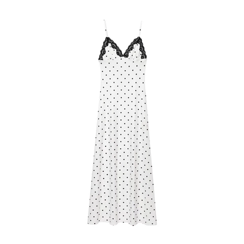 Französisches Retro Polka Dot Spitze Slip Maxikleid Für Damen Weiß Schwarz V-Ausschnitt Verstellbarer Träger Sommer Elegantes Langes Kleid