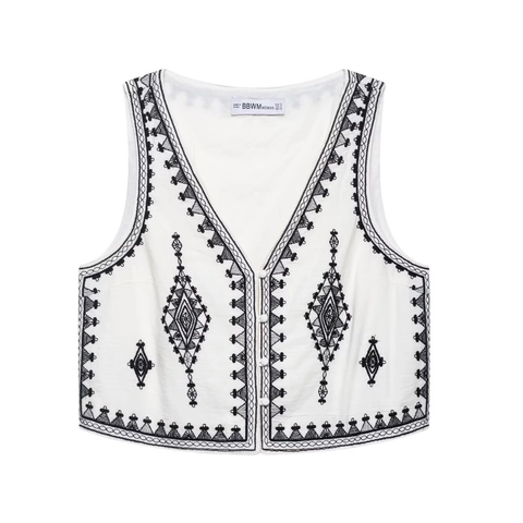 Conjunto Casual para Mujer Bohemio con Bordado Chaleco Sin Mangas Cuello en V y Pantalones Cortos de Cintura Alta Ropa de Verano Estilo Étnico