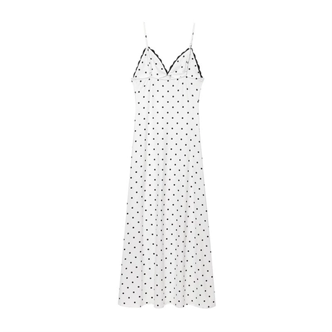 Französisches Retro Polka Dot Spitze Slip Maxikleid Für Damen Weiß Schwarz V-Ausschnitt Verstellbarer Träger Sommer Elegantes Langes Kleid