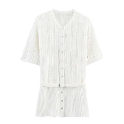 Women Casual White Hollow Out Knitted Cardigan With Belt V Neck Short Sleeve Button Up Mesh Jacquard Sweater Top