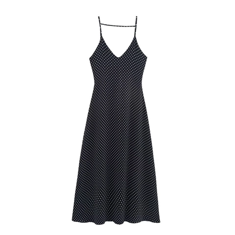 Elegantes Polka Dot Trägerkleid V Ausschnitt Ärmellos Rückenfrei A Linie Fließendes Sommer Französisches Vintage Midikleid Damen Schwarz Weiß
