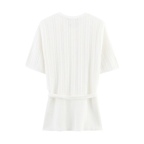 Women Casual White Hollow Out Knitted Cardigan With Belt V Neck Short Sleeve Button Up Mesh Jacquard Sweater Top