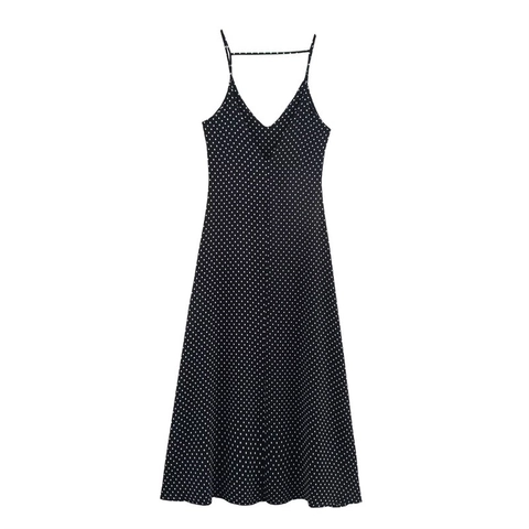 Elegantes Polka Dot Trägerkleid V Ausschnitt Ärmellos Rückenfrei A Linie Fließendes Sommer Französisches Vintage Midikleid Damen Schwarz Weiß