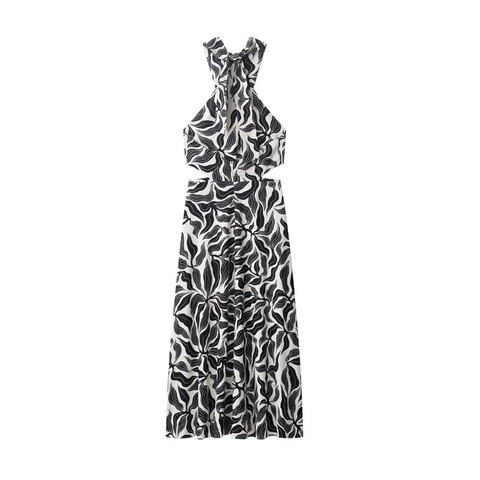 Halter Neck Maxi Kleid Für Damen Leinenmischung Abstrakt Blattdruck Cut-out Ärmellos Rückenloses Elegantes Urlaub Langes Kleid