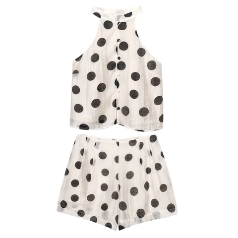 Women's Retro Polka Dot Two-Piece Set Tencel Cotton Halter Neck Button Top and High Waist Shorts Streetwear Vacation Outfit