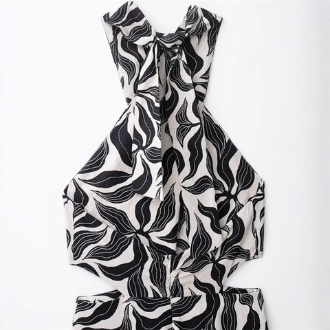 Halter Neck Maxi Kleid Für Damen Leinenmischung Abstrakt Blattdruck Cut-out Ärmellos Rückenloses Elegantes Urlaub Langes Kleid