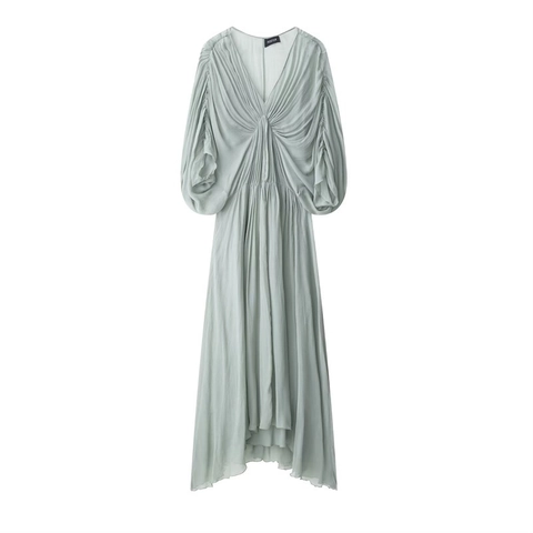 Damen Langarm V-Ausschnitt Plissee Maxi Kleid Elegant Chiffon Netzgewebe Einfarbig Langes Kleid Für Alltag Party Mode