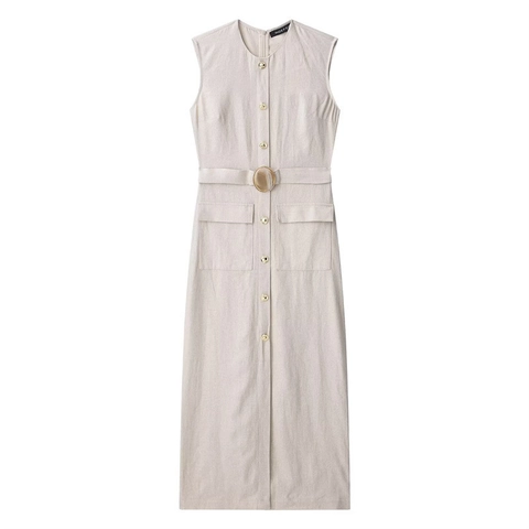 Vestido Midi Elegante para Mujer sin Mangas Cuello Redondo Mezcla de Lino con Botones Delanteros Cinturón Bolsillos Color Sólido