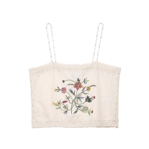 Completo Donna Coordinato Canotta e Pantaloncini Ricamati con Fiori Bohemien e Bordi in Pizzo Bianco Crema Completo Estate