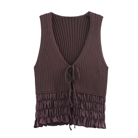 Women's Vintage V Neck Ribbed Knit Vest Elegant Ruffle Hem Sleeveless Top With Front Bow Tie Solid Color Coffee Sweater Vest