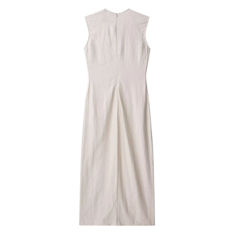 Vestido Midi Elegante para Mujer sin Mangas Cuello Redondo Mezcla de Lino con Botones Delanteros Cinturón Bolsillos Color Sólido