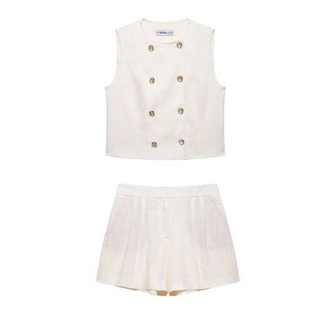 Women's Elegant Two Piece Outfit Solid Color Sleeveless Double Breasted Waistcoat And High Waist Shorts Set Summer Casual Suit