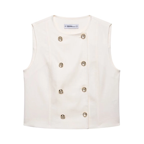 Women's Elegant Two Piece Outfit Solid Color Sleeveless Double Breasted Waistcoat And High Waist Shorts Set Summer Casual Suit