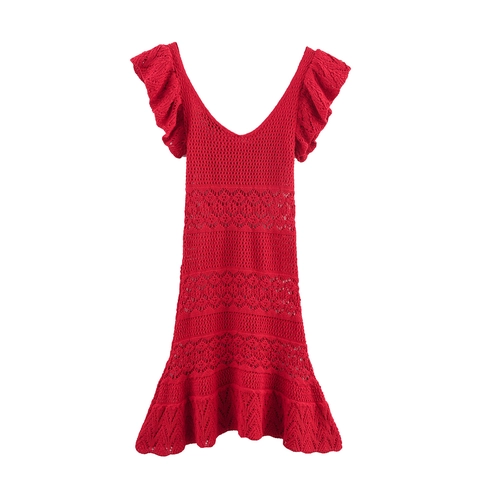 Abito Mini in Maglia all'Uncinetto da Donna Scollo a V Profondo Maniche con Volant Rosso Sexy a Trapezio Festa Vacanza
