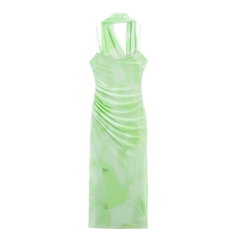 Damen Halter Gerafftes Midi Kleid Sexy Batik Marmor Print Spaghetti Träger Slim Fit Ärmellos Farbverlauf Partykleid