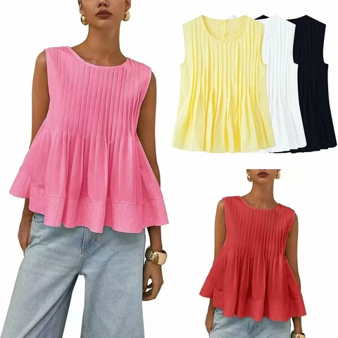 Dames Casual Mouwloze Top Met Accordeon Plooien Peplum Zoom Polyester Ronde Hals Effen Kleur Minimalistisch Elegante Blouse
