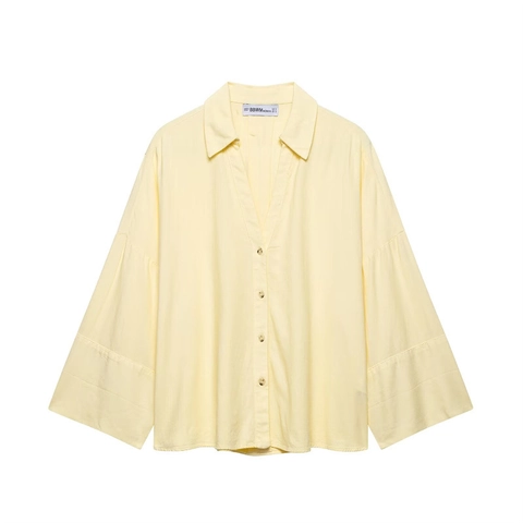 Camisa de Manga Larga con Cuello en V y Solapa para Mujer Color Sólido Amarillo Pálido Blusa Suelta con Botones Moda de Primavera