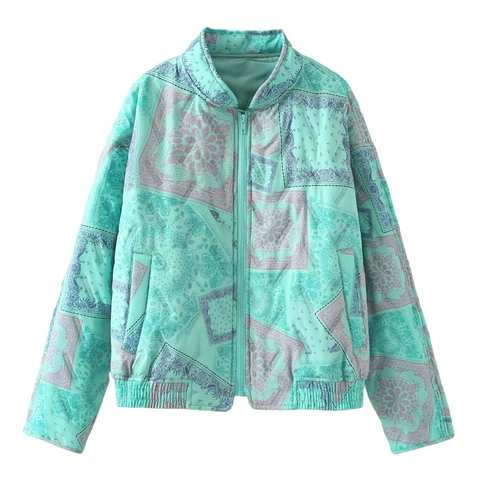 Women's Vintage Paisley Print Quilted Padded Jacket Stand Collar Zip Up Warm Mint Green Outerwear Bohemian Streetwear Loose Casual Coat