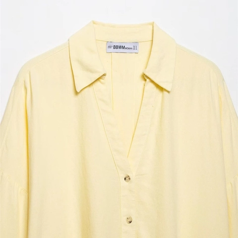 Camisa de Manga Larga con Cuello en V y Solapa para Mujer Color Sólido Amarillo Pálido Blusa Suelta con Botones Moda de Primavera