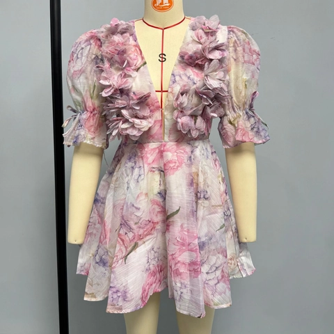 Abito Mini in Chiffon con Applicazioni Floreali 3D da Donna Stampa Floreale Rosa Viola Maniche a Sbuffo Scollo a V Linea A