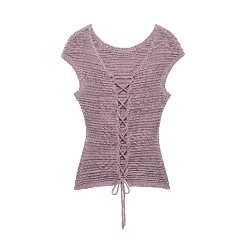 Completo Donna Top E Pantaloncini In Maglia Casual Texture A Costine Malva Manica Corta Coulisse Orlo Schiena Scoperta