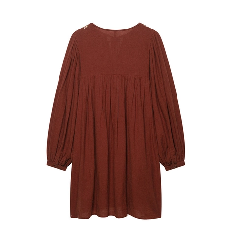 Women's Bohemian Floral Embroidery Mini Dress V Neck Tassel Tie Long Lantern Sleeve Brick Red Polyester Casual Short Dress