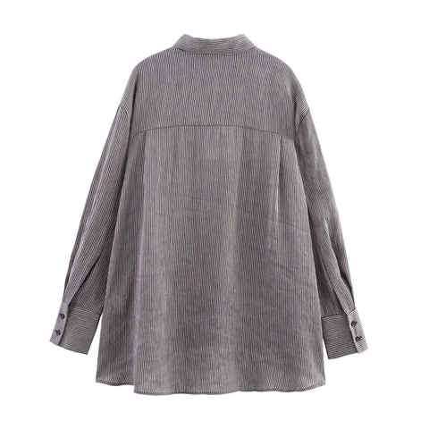 Women Casual Oversized Striped Long Sleeve Shirt Linen Blend Button Down Lapel Blouse With Pocket Streetwear Fashion Top