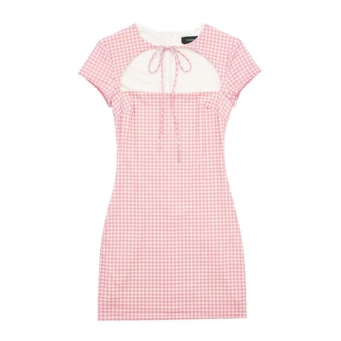 Vestido Mini Gingham Rosa Para Mujer Manga Corta Sexy Aberturas Cordones Ajustado Verano Cuadros Vestido Casual